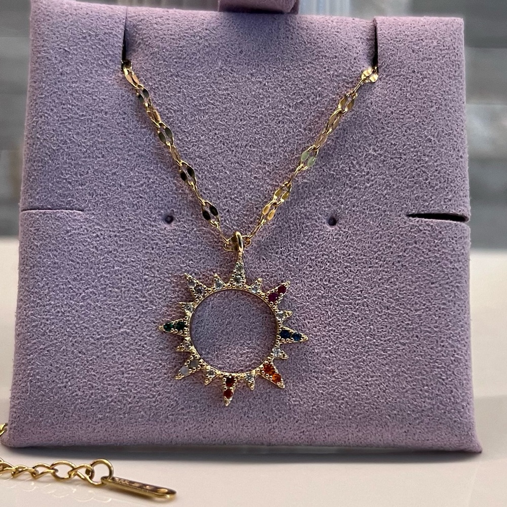 💎 New Gold Stainless Steel Colorful Rhinestone Sun ☀️ Necklace